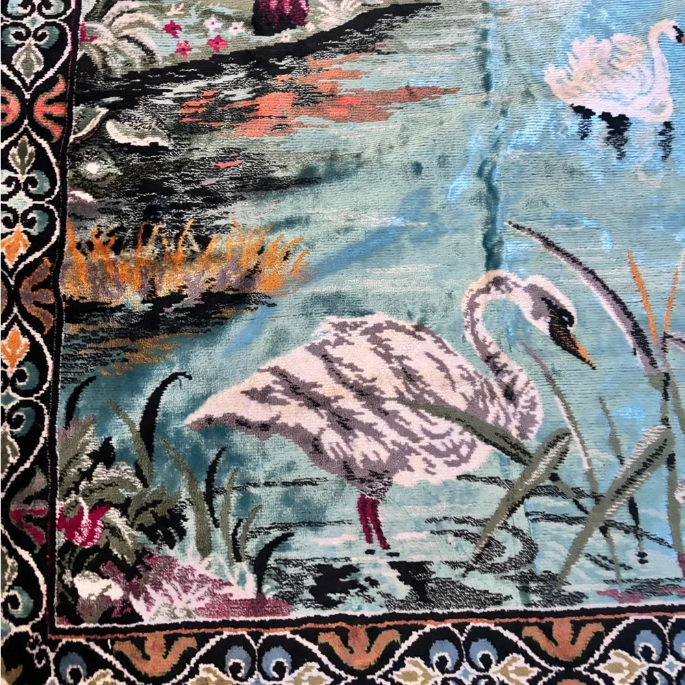 Vintage Large Velvet Elegant Swan Lake and Landscape Tapestry with Fringe